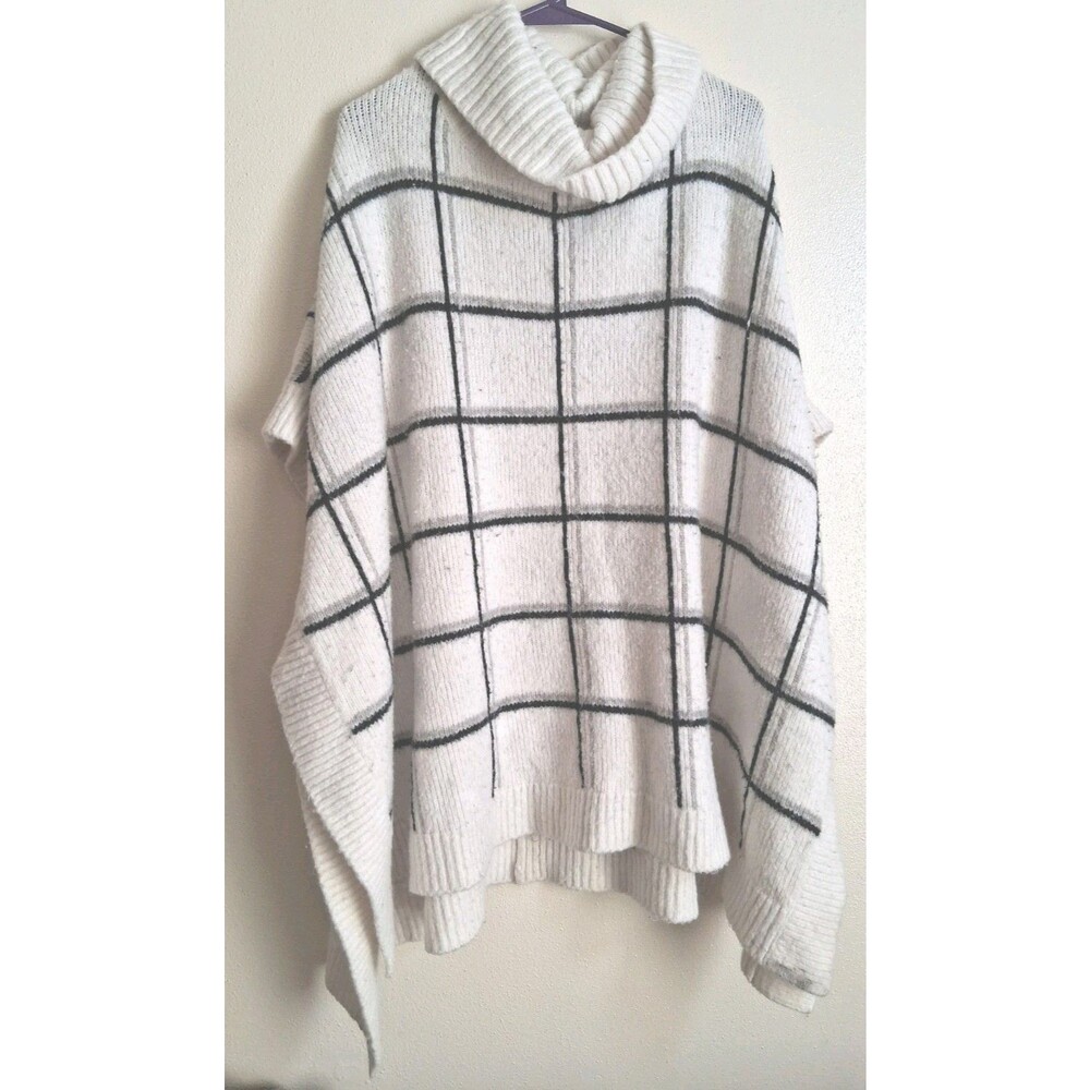 Lands End Plaid Poncho Sweater Plus Size 1X 16W 18W Cream Black Grid Cowl Neck